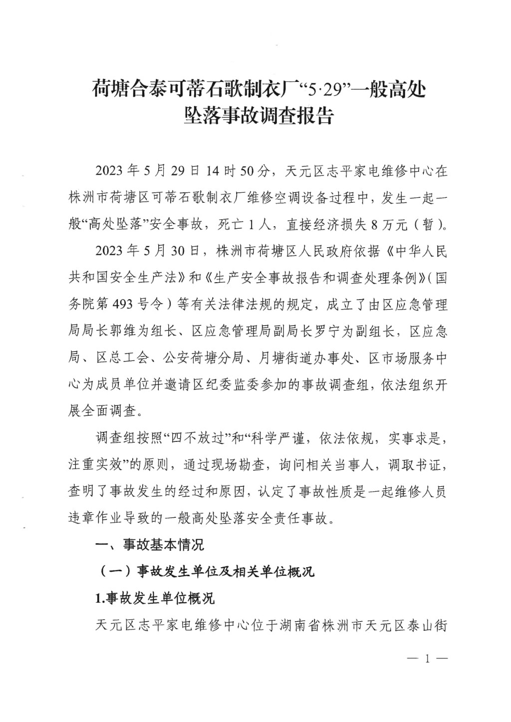 荷塘合泰可蒂石歌制衣廠“5·29”一般高處墜落事故調(diào)查報(bào)告