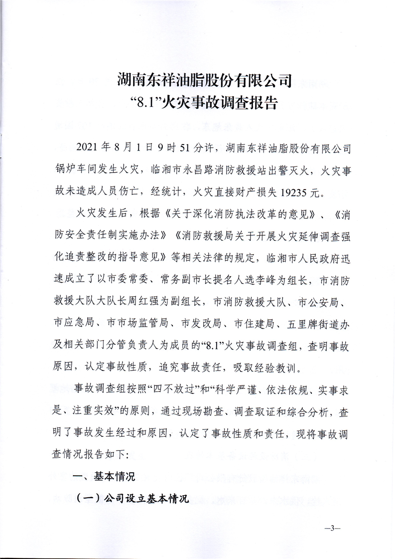 湖南東祥油脂股份有限公司“8.1”火災(zāi)事故調(diào)查報(bào)告