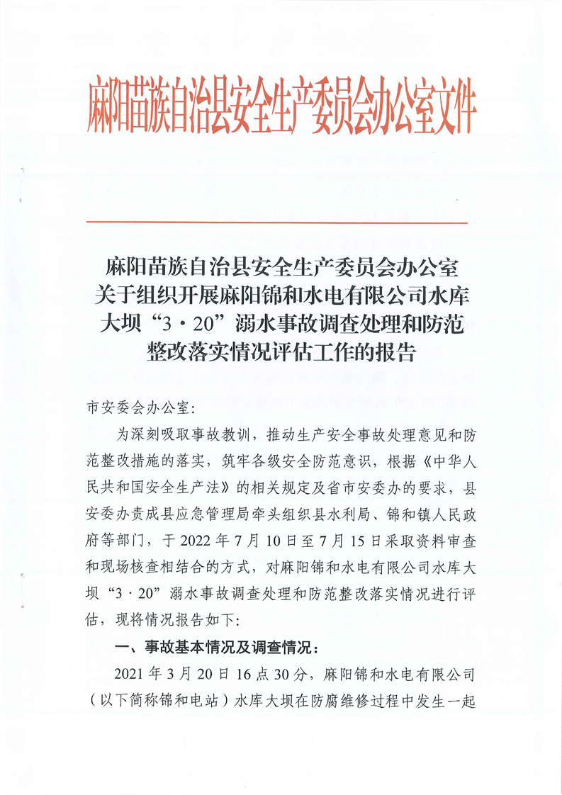 關于組織開展麻陽錦和水電有限公司水庫大壩“3·20”溺水事故調(diào)查處理和防范整改落實情況評估工作的報告