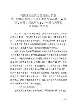 關于利通區(qū)泰和苑小區(qū)（原依瓦諾小鎮(zhèn)）6號樓2單元1樓東戶“12·27”一般火災事故調查情況的報告