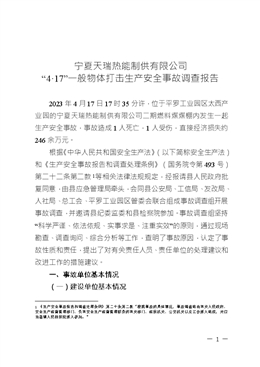 寧夏天瑞熱能制供有限公司“4·17”一般物體打擊生產(chǎn)安全事故調(diào)查報(bào)告