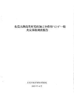 東莞大朗高英村毛織加工小作坊“12·8”一般火災(zāi)事故調(diào)查報(bào)告