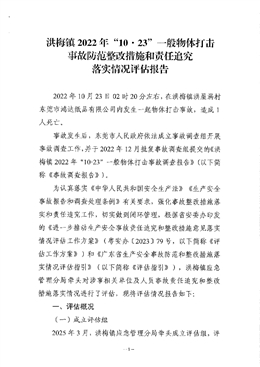 洪梅鎮(zhèn)2022年“10·23”一般物體打擊事故防范整改措施和責(zé)任追究落實(shí)情況評(píng)估報(bào)告