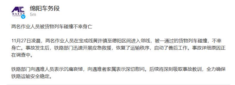 綿陽車務(wù)段2名作業(yè)人員被貨物列車碰撞身亡